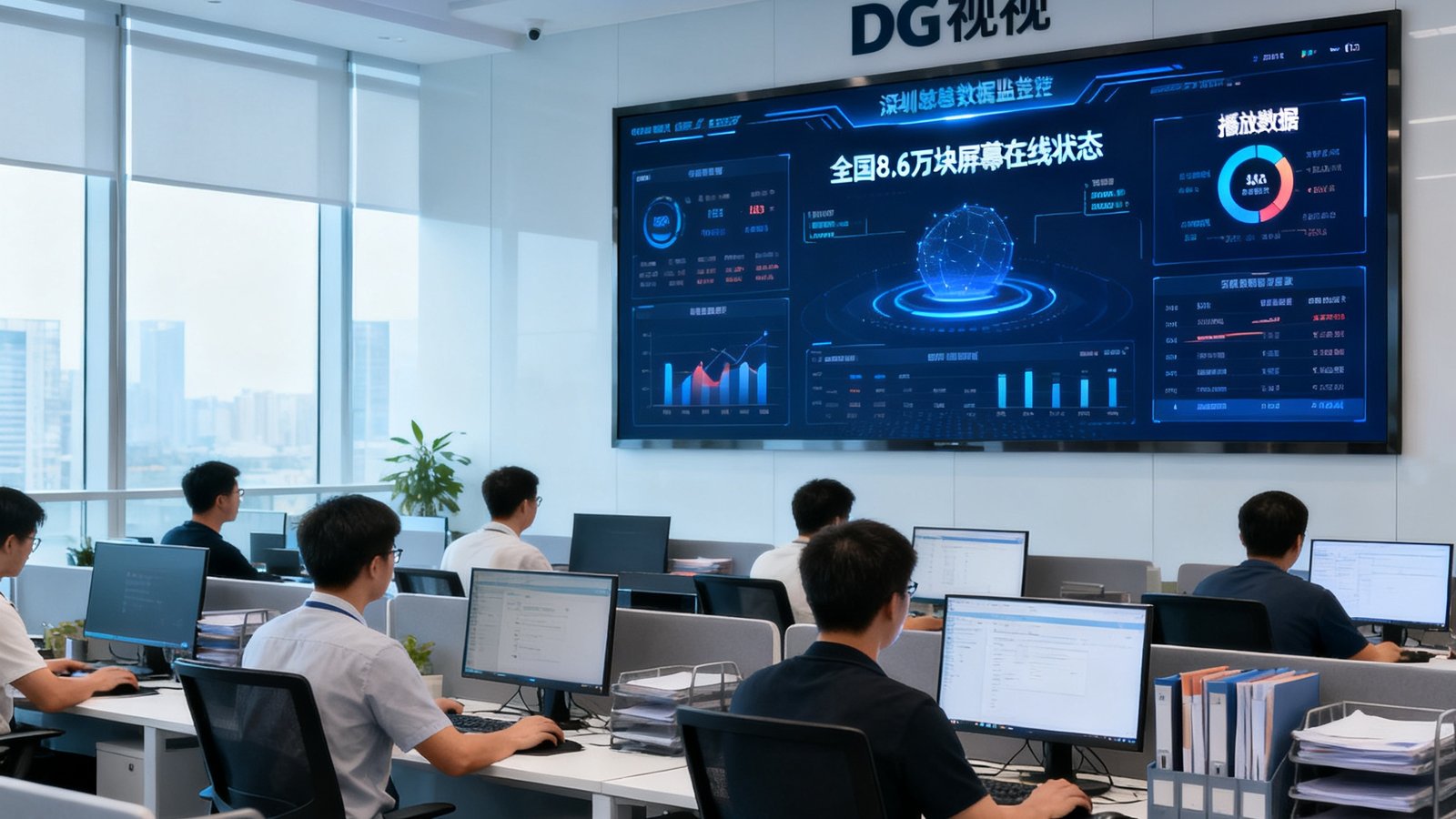 DG视讯深圳总部开放式办公区实景，数十名员工在现代化工位前专注工作，墙面悬挂着实时数据监控大屏，展示全国8.6万块屏幕的在线状态与播放数据