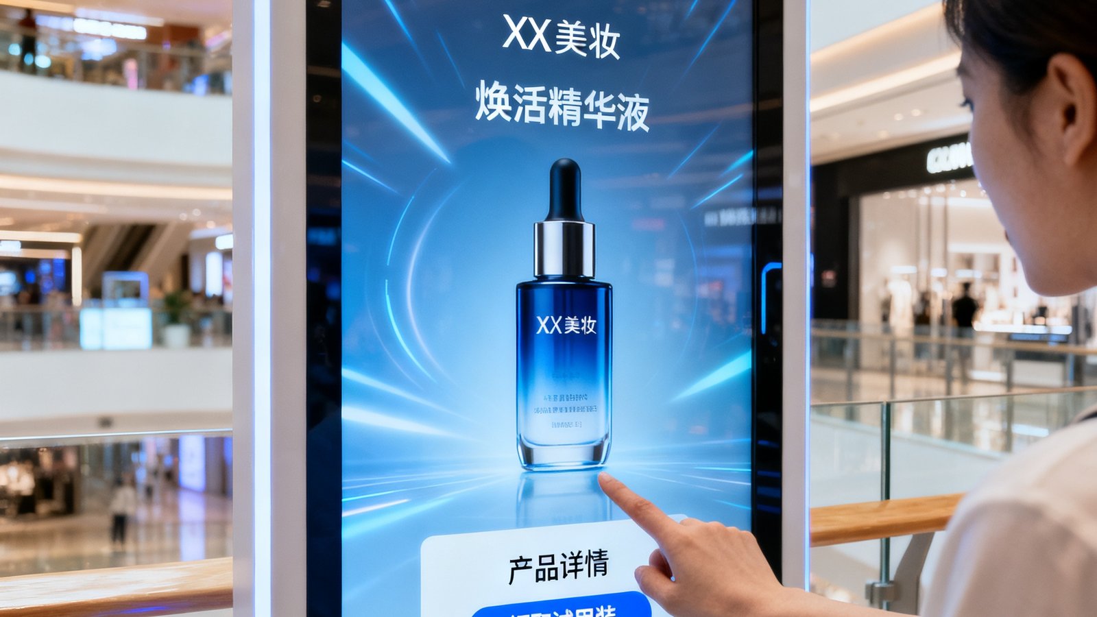 某国际美妆品牌在成都大型购物中心智慧导购屏上投放的互动广告，顾客可以点击屏幕浏览产品详情并领取试用装