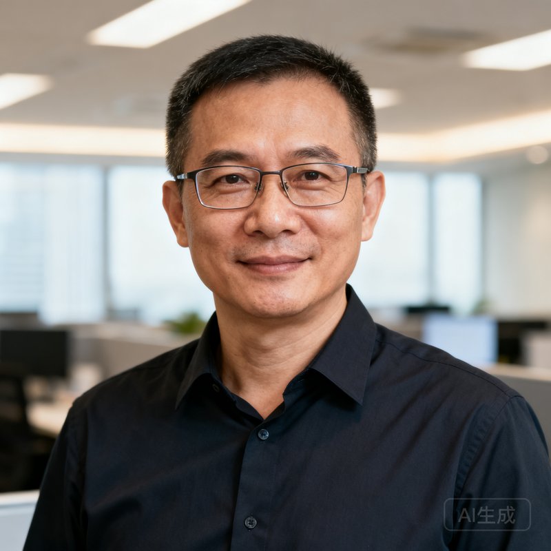 陈明远——DG视讯创始人兼CEO，四十岁左右的男性，短发戴眼镜，穿着深色商务衬衫，神情坚定而亲和，背景为深圳总部办公室