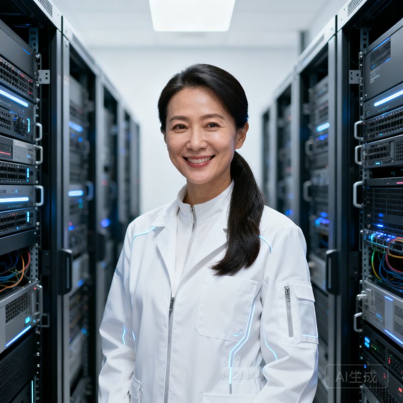 林小薇——CTO首席技术官，三十多岁女性，长发束起，穿着白色科技感外套，站在服务器机柜前微笑