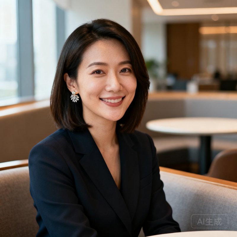 王雅婷——CCO首席商务官，三十岁出头女性，齐肩短发，佩戴精致耳饰，坐在洽谈区微笑面对镜头